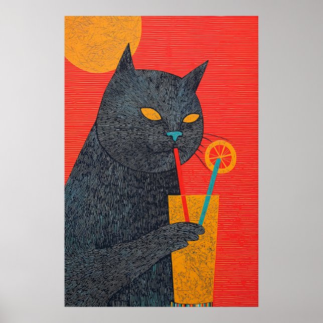 Impression d'art de chat noir buvant du jus Giclée (Devant)