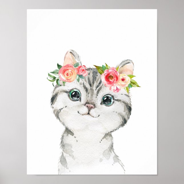 Impression d'art de chaton aux fleurs aquarelles (Devant)