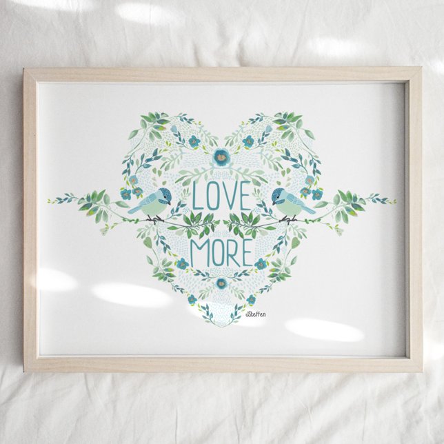 Impression d'art de citation d'oiseaux (Birds Quote Art Print in blues and greens. Chickadees, heart, and flowers. Studio Posies.)