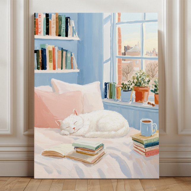 Impression d'art de coin de lecture de chat blanc  (Créateur téléchargé)