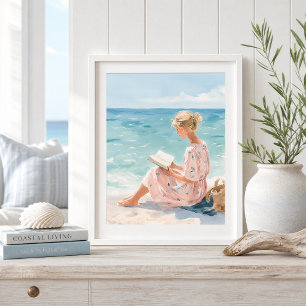 Impression d'art de fille lisant au bord de la mer