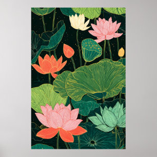Impression d'art de fleur de lotus Linogravure bot