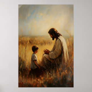 Impression d'art de Jésus et d'un garçon priant Mu