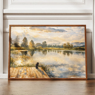 Impression d'art de scène de lac à l'aquarelle pou