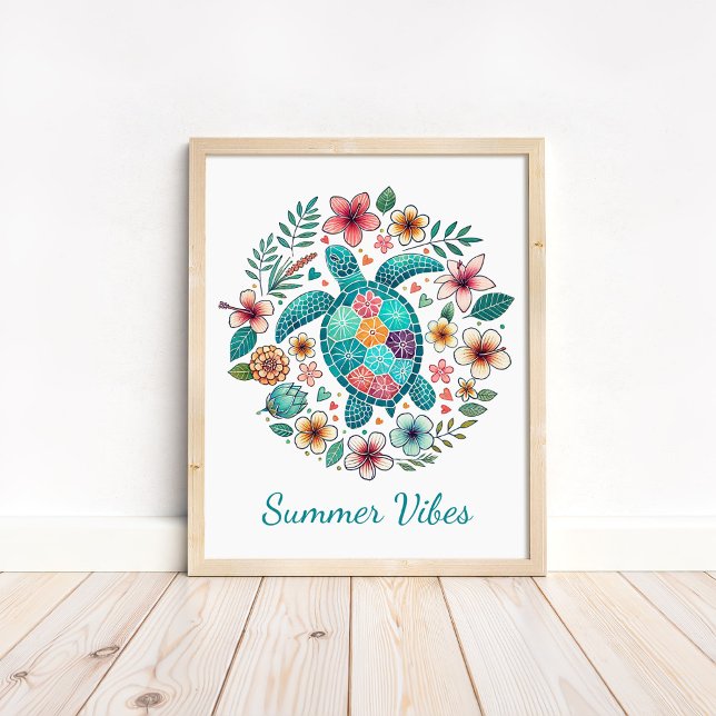 Impression d'art de tortue marine boho - Art mural (Boho Sea Turtle Art Print - Ocean Wall Art in a neutral wooden frame on the floor)