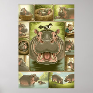 Impression d'art d'Hippopotame joueur & Oiseau – 1