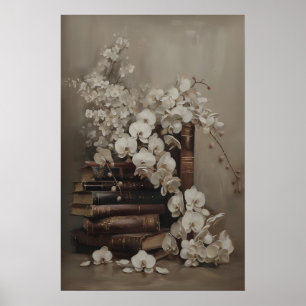 Impression d'art d'orchidée vintage et de livres a