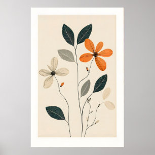 Impression d'art floral minimaliste Beige, Vert &