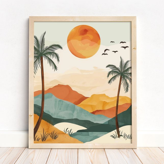 Impression d'art mural de paysage de coucher de so (Boho Desert Sunset Landscape Wall Art Print in a neutral wooden frame on the floor)