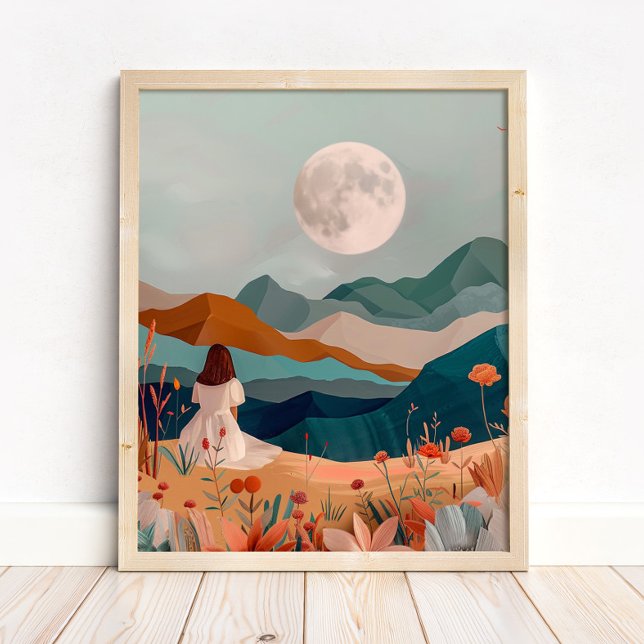 Impression d'art mural de paysage désertique bohèm (Boho Moonlit Desert Landscape Wall Art Print in a neutral wooden frame on the floor)