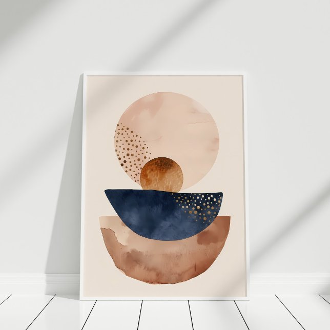Impression d'art mural minimaliste abstrait en ter (Watercolor Navy Terracotta Blush Abstract Shapes Poster in a white frame.)