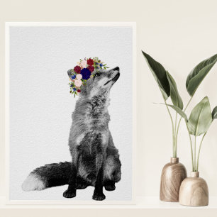 Impression d'art Renard Couronne de fleurs Noir Bl