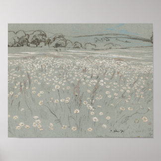 Impression d'art vintage de champ de fleurs blanch