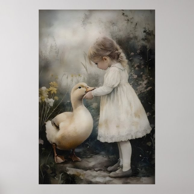Impression d'art vintage de fille et de canard, ru (Devant)