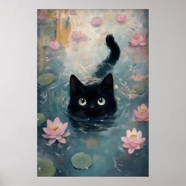 Impression de chat noir de nénuphar, chat dans l'e (Devant)