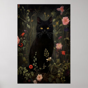Impression de chat noir floral, Affiche vintage de