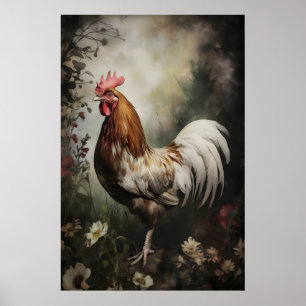 Impression de coq floral sur mur, Cottagecore somb