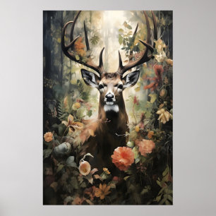Impression de forêt de cerfs floraux, Dark Academi