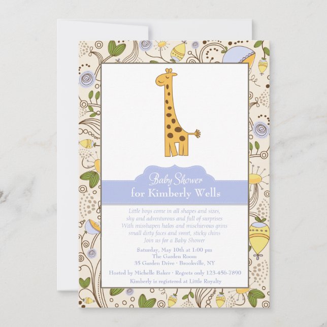 Impression de girafe sur invitation bleue (Devant)