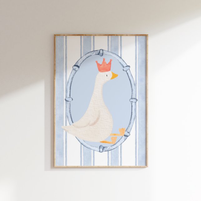 Impression de la nurserie de l'oie idiote bleu aqu (A white goose wearing a red crown on a blue and white striped background in a gold frame.)