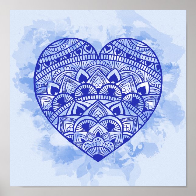 Impression de l'aquarelle bleu coeur Mandala (Devant)