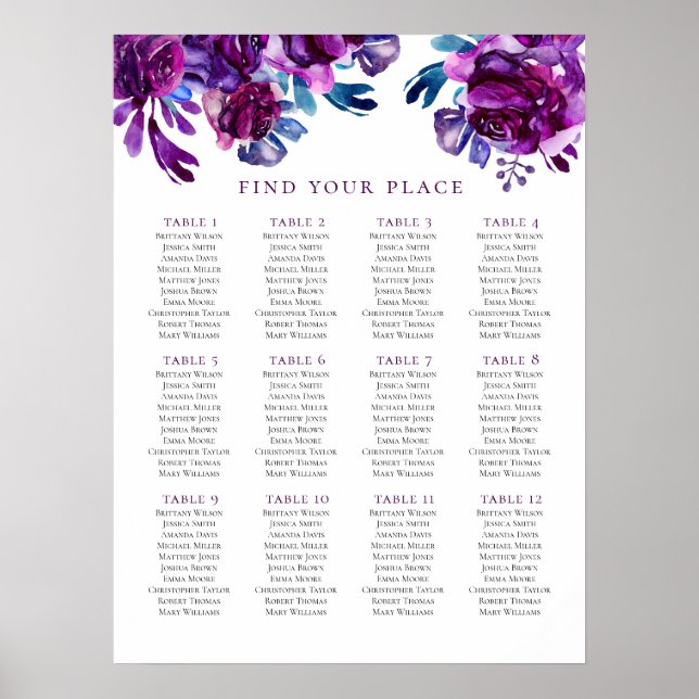 Impression de plan de table floral violet. Mariage (Devant)