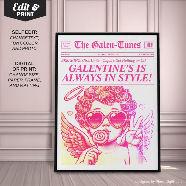 Impression de presse tendance, Galentines personna (Personalized Trendy Newspaper Art Print, Custom Galentines Gift Poster)