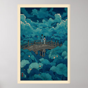 Impression d'étang de lotus de Hasui Kawase, Pont