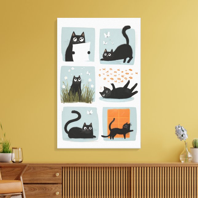 Impression en toile étirée de mur de chats noirs (Insitu(Salon))