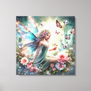 Impression en toile étirée - Fée, Fleurs, Papillon