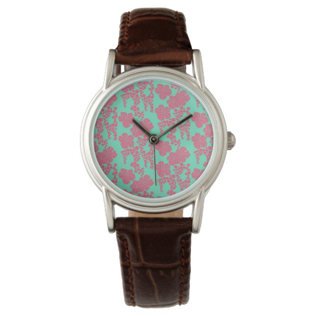 Impression florale japonaise - Montre rose et Turq (devant)