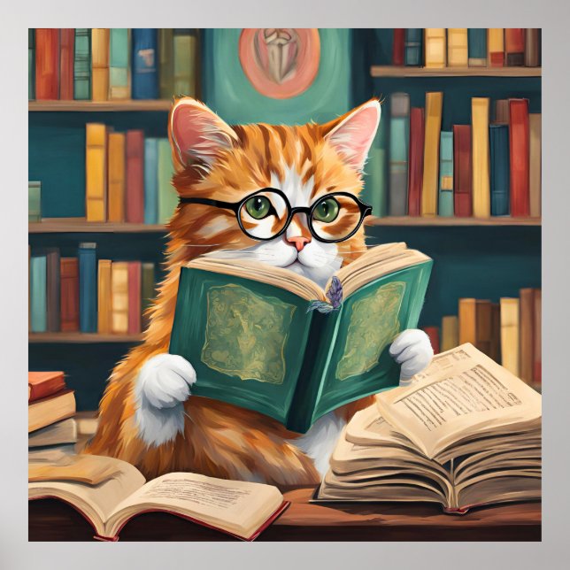 Impression murale de chat - Cute Reading Chat (Devant)