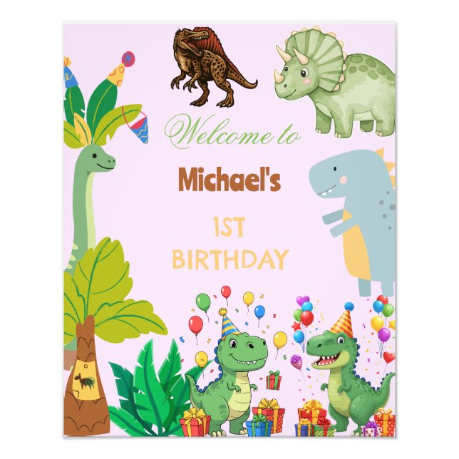Impression Photo 1st Birthday Dinosaur Minimal baby welcome sign (Devant)