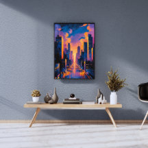 Abstrait Neon City Skyline Sunset Art numérique lu