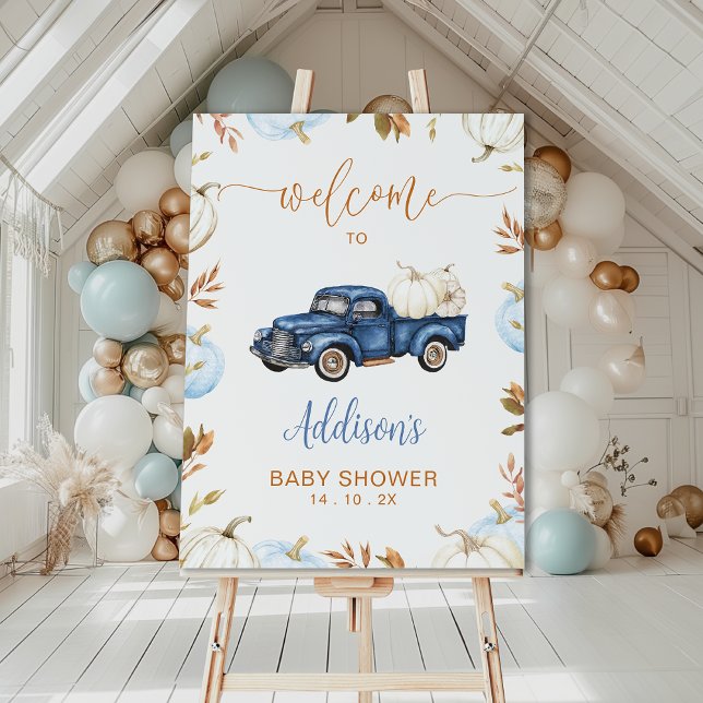 Impression Photo Affiche de bienvenue Citrouille Baby shower Automn (Boys Little Pumpkin Baby Shower Welcome Sign Template, Fall Pumpkin Truck Baby Shower Welcome Sign)