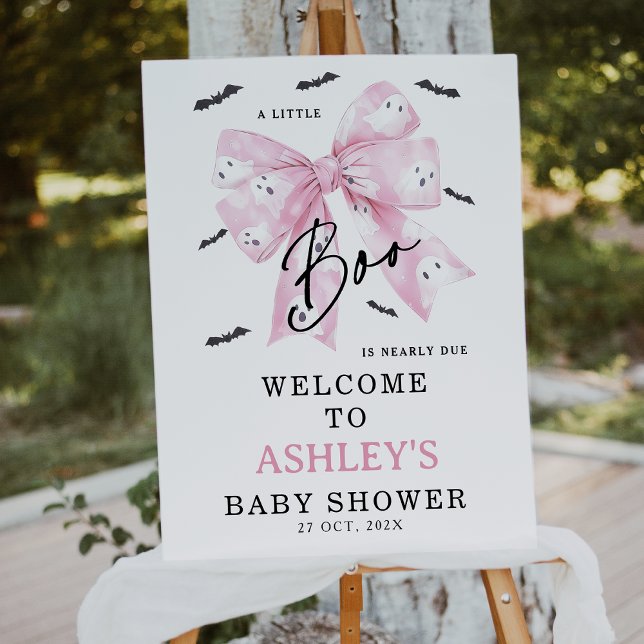 Impression Photo Affiche de bienvenue de Baby shower Coquette Pink  (Little Boo is Almost Due Baby Shower Welcome Sign, Croquette Halloween Little Boo Baby Shower Sign)