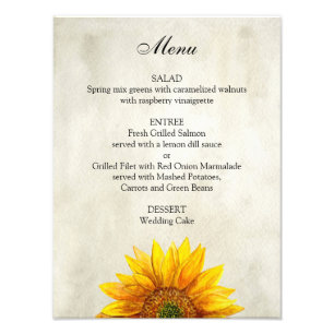 Impression Photo Affiche de menu de mariage tournesol. Menu de dîne