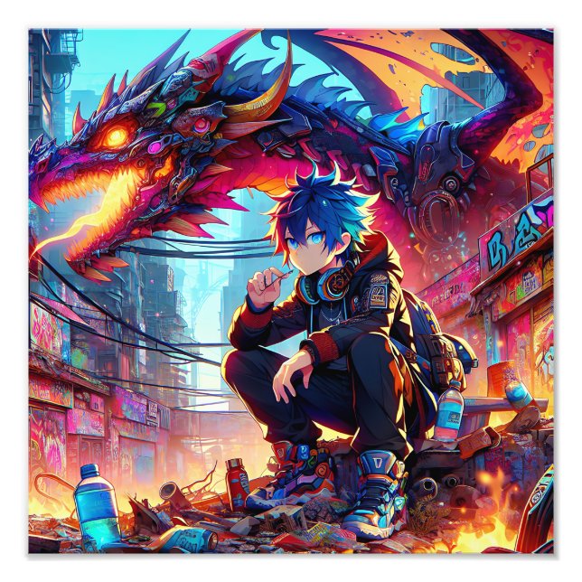 Impression Photo Anime Boy et Dragon dans un monde dystopique (Devant)