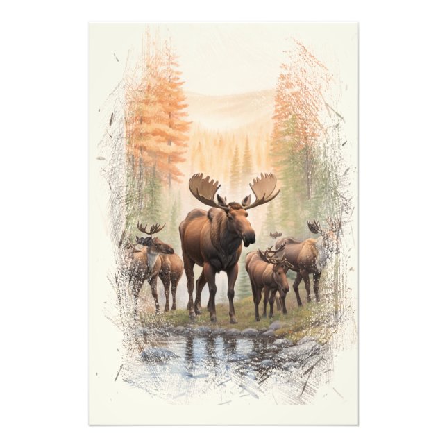 Impression Photo *~* AP49 MOOSE HERD Forest STREAM Artsy (Devant)