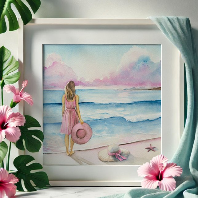 Impression Photo Aquarelle au bord du rivage (Watercolor beach scene for sale in pink and blue by Victoria Grigaliunas of Do Tell A Belle)