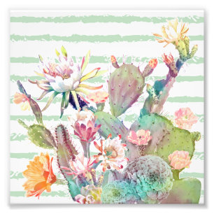 Impression Photo Aquarelle cactus, motifs floraux et rayures