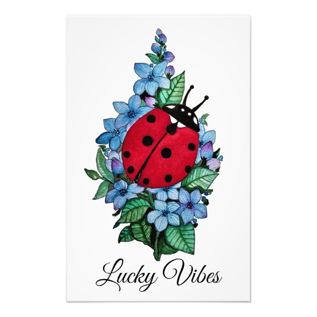 Impression Photo Aquarelle Cute Ladybird Avec Fleurs Bleues Sauvage (Devant)