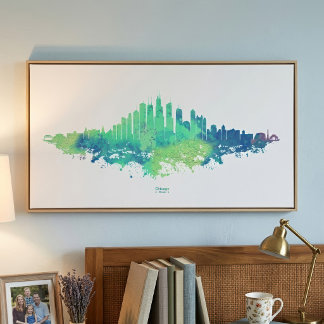 Impression Photo Aquarelle de la skyline de Chicago Bleu Vert Art d