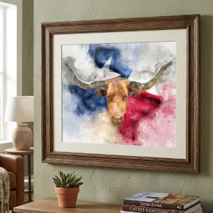 Impression Photo Aquarelle Longhorn du Texas avec carte du drapeau
