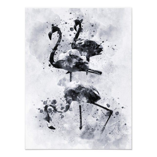 Impression Photo Aquarelle noire et blanche de trois Flamants roses (Devant)