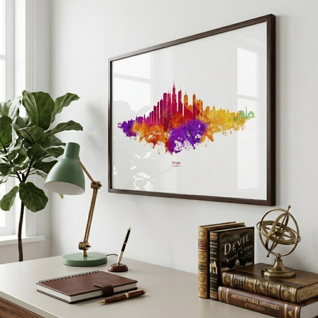 Impression Photo Aquarelle Skyline de Chicago en blanc (Chicago Skyline Watercolor Art on White Background. Photo Print)