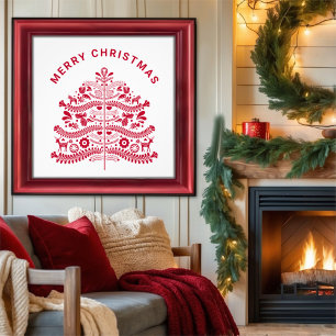 Impression Photo Arbre de Noël d'art populaire scandinave rouge