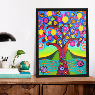 Impression Photo Arbre de style d'art folklorique coloré  