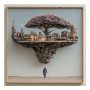 Impression Photo Arbre Fleurissant de Ville en Ruines Flottante Sur