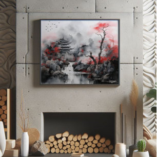 Impression Photo Arbre rouge et Maison asiatique